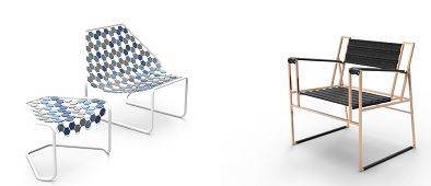 Nest Lounge Chair & Stool__데님,가죽,스틸(좌), Leather Fragments to Arm Chair_가죽,스틸(자투리 가죽)(우)