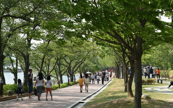 경주 보문호-호반길에서 산책을 즐기는 관광객들